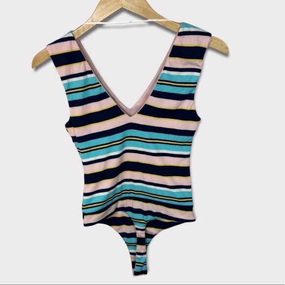 NEW Nordstrom AFRM Striped Bodysuit Double V Mooni Light Pastel Retro Sz XS - Picture 5 of 16